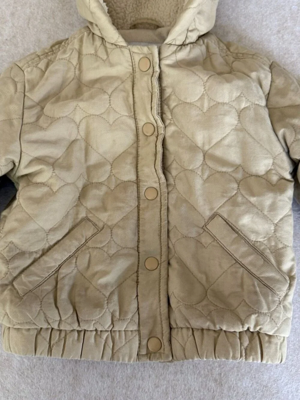 Toddler 3T Quilted Boho Jacket Beige Heart Print Button Up Cotton Lined